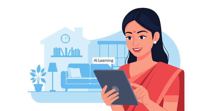 An Indian woman engages in AI learning on her digital tablet from the comfort of her modern home, embracing advanced education and skill development.