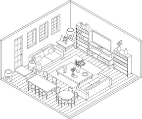 Isometric black and white living dining room interior with furniture, decor, sofa, table, bookshelf, lamps, windows, modern layout design
