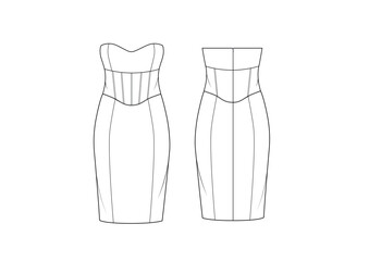 Corset Bustier Strapless Body-con Tube Dress, fashion flat sketch, Editable Flat Technical Drawings Illustration, Dress Mockup