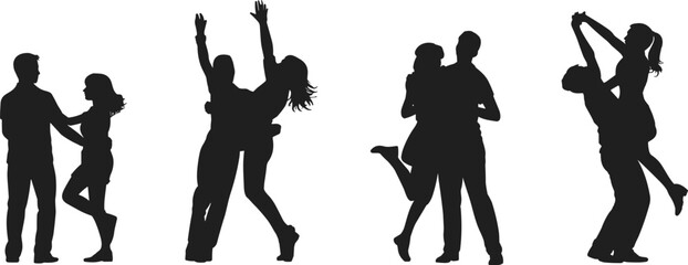 Romantic couple silhouette poses, dancing love moments, joyful embrace, expressive body language, black vector art for relationship and celebration themes