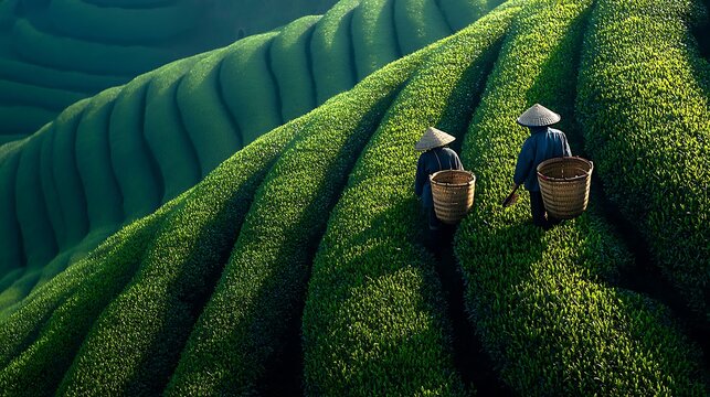 ush green tea fields on hillside with farmers harvesting leaves in bamboo baskets during spring morning, sunlight illuminating vibrant landscape and rural farming life.