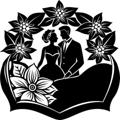 Flower Shape Vector Silhouettes of Bride and Groom – Romantic Couple Scene