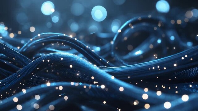 Abstract glowing fiber waves with sparkling particle lights in dark blue environment dynamic digital flow futuristic energy network concept