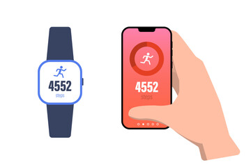 Person monitors step count on smartwatch and phone.
