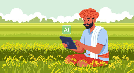 An Indian farmer utilizes modern artificial intelligence technology on a digital tablet to enhance agricultural practices and crop yield in a lush green field.