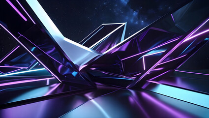 Surreal digital architecture with glowing violet and cyan lines on a reflective crystal-like structure against a cosmic background