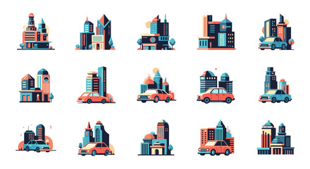 Fototapeta premium A collection of modern flat design city illustrations, showcasing various urban landscapes with stylized buildings and cars, perfect for contemporary graphic projects.
