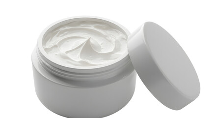 Open white cosmetic cream jar with smooth moisturizer, skincare product container for beauty and health care, perfect for spa and personal care promotions
