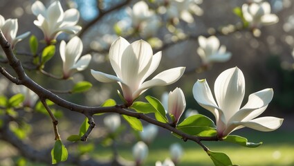 Obraz premium Blooming magnolia flowers on a branch in spring. Nature and floral scene. The beauty of blooming magnolia flowers in the garden. The scene of flowers on a sunny day.