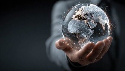 A hand holds a shimmering, digital globe