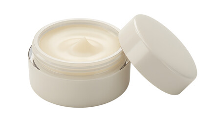 Open jar of white cosmetic cream isolated on white background, perfect for skincare or beauty product promotions