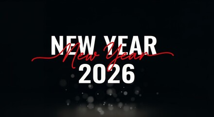 Bold white text announces NEW YEAR 2026 against a black background with subtle bokeh effects New Years Eve Celebration Calendar Date Future Upcoming Holiday
