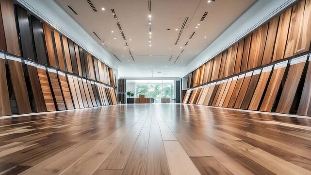 Modern showroom interior with polished wooden flooring and rows of timber panels on display contemporary architecture and elegant design space
