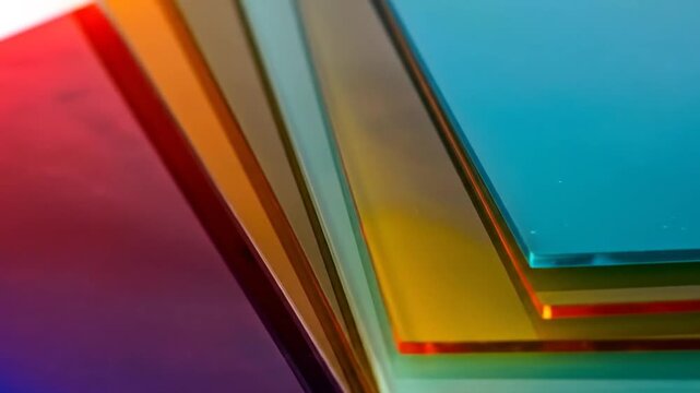 Stack of Colorful Transparent Glass Sheets in a Geometric Arrangement on a Vibrant Background with Modern Design and Abstract Texture