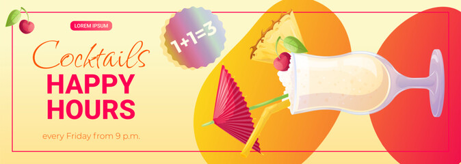 Promo banner template for a cocktail bar, pina colada in a glass. Happy Hour cocktails. The concept of a bar, restaurant, cafe. Vector illustration for posters, banners, flyers.