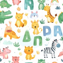 Cute animal pattern with large letters