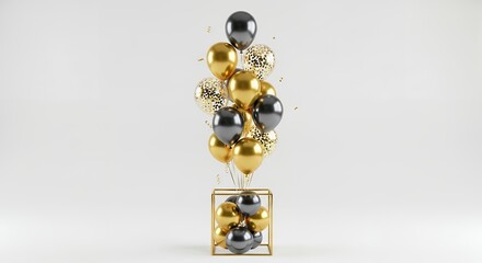 A cluster of metallic gold and dark gray balloons some filled with gold confetti rise from a golden geometric stand against a clean white background accented by delicate golden streamers