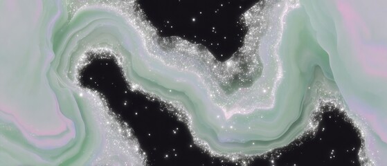 Cosmic marble waves with sparkling starry patterns in green pastel shades, elegant luxury abstract photography for social media faceless digital content marketing