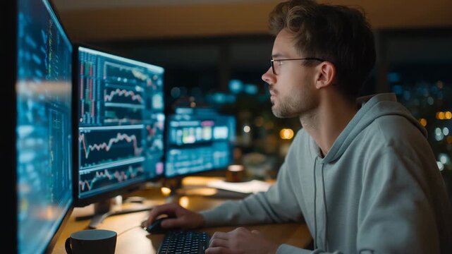 financial analyst sitting at modern workstation, multiple monitors showing real-time stock charts and financial graphs, dim office lit by warm ambient and screen glow, mechanical keyboard and coffee 