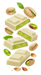 White chocolate bars with pistachio nuts and green pistachio filling, isolated on white background, perfect for dessert or snack designs