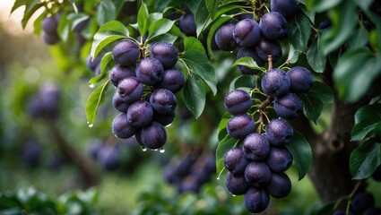 Clusters of ripe purple plums hanging from a tree with green leaves and blurred background.