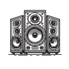 Vector illustration of a sound system setup, including speakers, subwoofers, and audio equipment.