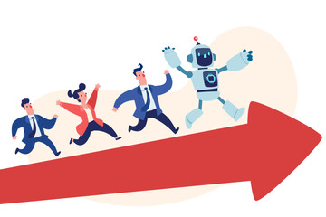 robot guiding business team on an upward arrow to success