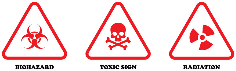 Biohazard, radiation, toxic sign or danger sign in red color on white background. Nuclear Radiation chemical biological icon set. radiation, biohazard, dangerous, toxic waste, biological contamination