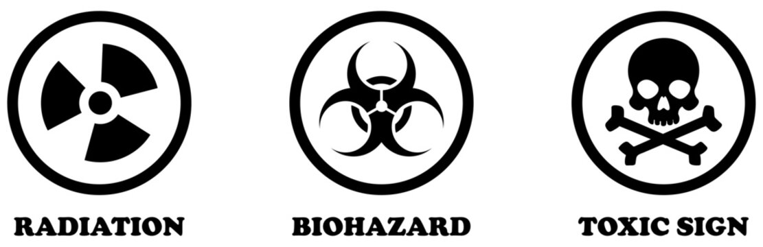 Radiation, biohazard and toxic sign collection isolated on white background. Set hazard danger yellow vector signs. radiation, biohazard, radioactive, crossbones, dangerous, biological contamination