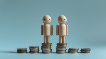 Two wooden figures standing on stacks of coins, symbolizing financial growth or savings.