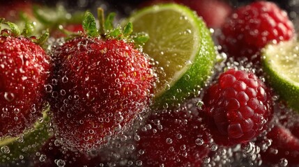 Refreshing medley of ripe berries and citrus slices in sparkling water