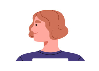 Person profile, side view. Young friendly character with happy smiling face expression, neutral emotion, head turned, looking aside, sideways. Flat vector illustration isolated on white background