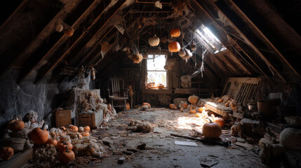 Abandoned attic filled with broken dolls, pumpkins and cobwebs creating eerie haunted halloween scene