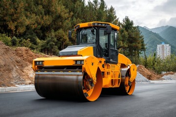 A vibrant yellow roller is actively compacting freshly laid asphalt on a road surrounded by trees and mountains, with a building visible in the distance