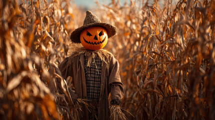 Creepy scarecrow with pumpkin head wearing a straw hat and coat standing in a dry cornfield at sunset
