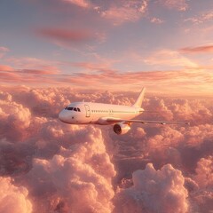 Fototapeta premium White jet plane soars through clouds at sunset. Pink hues paint the sky