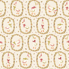 Christmas geese seamless pattern. Watercolor hand painted design for festive textile, fabric, packaging. Fun xmas goose repeating tile