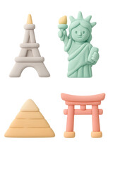 World landmarks clay pastel icons set isolated on transparent background Eiffel Tower Statue of Liberty Great Pyramid and Torii gate soft 3D style