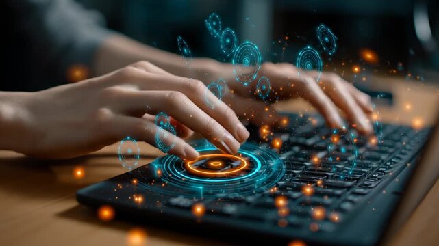 Hands typing on keyboard with digital effects.
