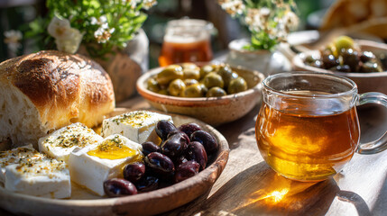 A sunny Mediterranean breakfast spread featuring freshly baked bread, creamy white cheese drizzled with olive oil and herbs, and a variety of black and green olives served in rustic bowls. A clear gla