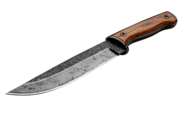 High-quality knife with a wooden handle and a sharp blade on a white isolated background.