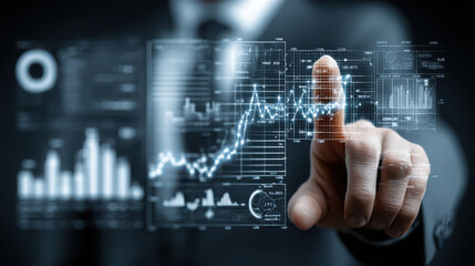 Businessman interacting with holographic financial data, showcasing graphs and analytics in modern environment