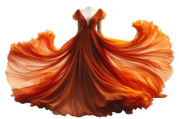 Elegant orange gown flowing in motion, showcasing intricate fabric textures, on white isolated background.