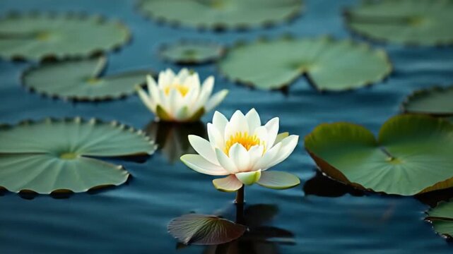 Lotus Flowers and Leaves on Lake Water