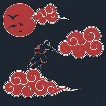 Crimson akatsuki clouds and lone warrior silhouette under a mysterious red moon