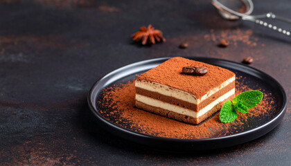 Tiramisu dessert served on plate dusted with cocoa powder and mint garnish