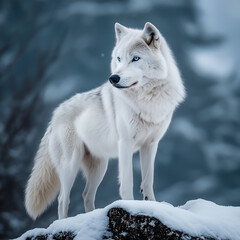 Obraz premium arctic wolf in snow, Grey Wolf Howling at the Moon in a Misty Mountain Landscape. Detailed portrait of a German Shepherd in profile view