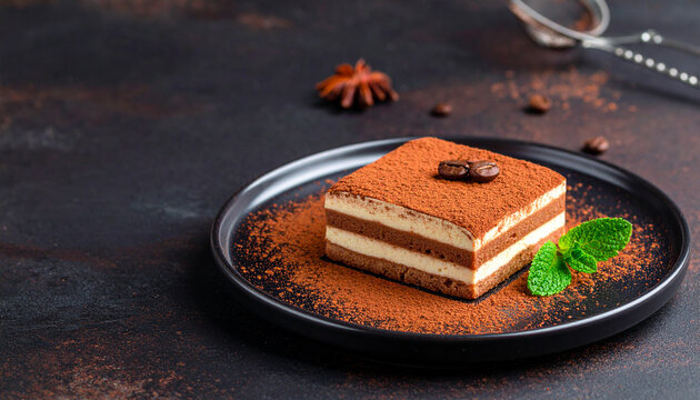 Tiramisu dessert served on plate dusted with cocoa powder and mint garnish