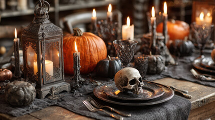 Dark gothic halloween dining table decorated with skulls, pumpkins, lanterns and burning candles