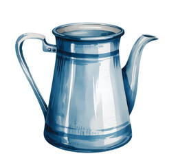 Watercolor illustration of a vintage blue enamel coffee pot, isolated on white background.
